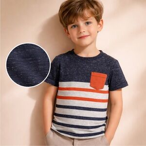 Cat & Jack Boys Striped Pocket Tee 3T Navy Orange Gray Short Sleeve Shirt